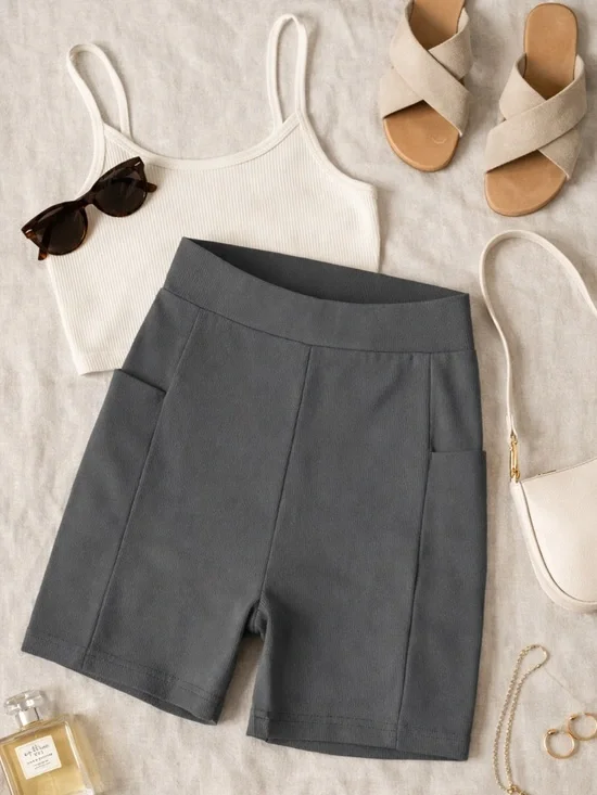 LÉGOE Heritage | Gray Ribbed Biker Shorts High Waisted Minimalist Size 1 (M 4–6) - Picture 2 of 6